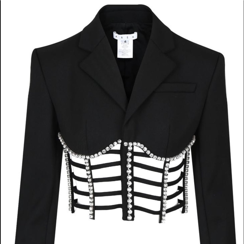 AREA Black crystal-embellished cropped bustier blazer!